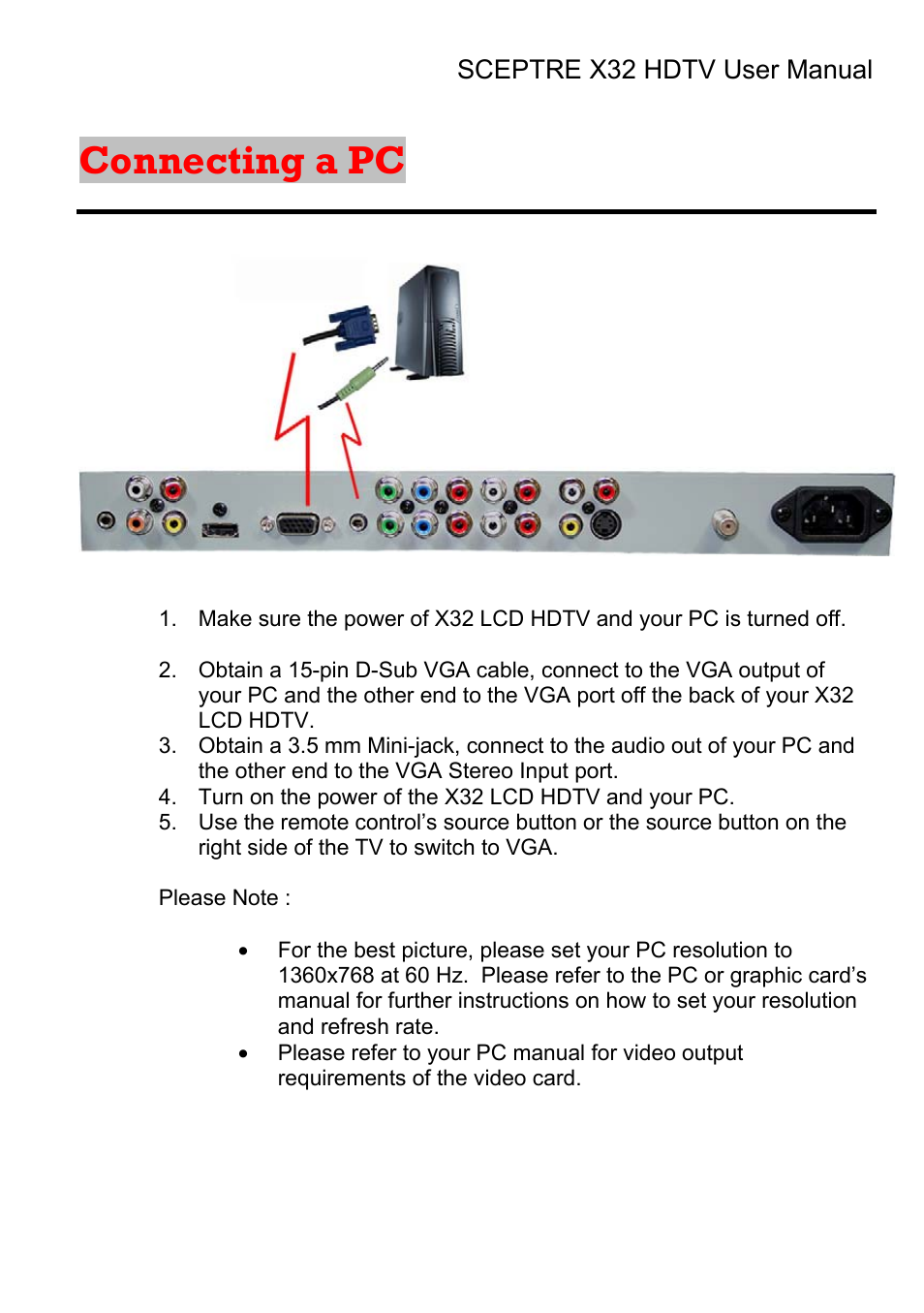 Connecting a pc | Sceptre Technologies X32 User Manual | Page 37 / 107