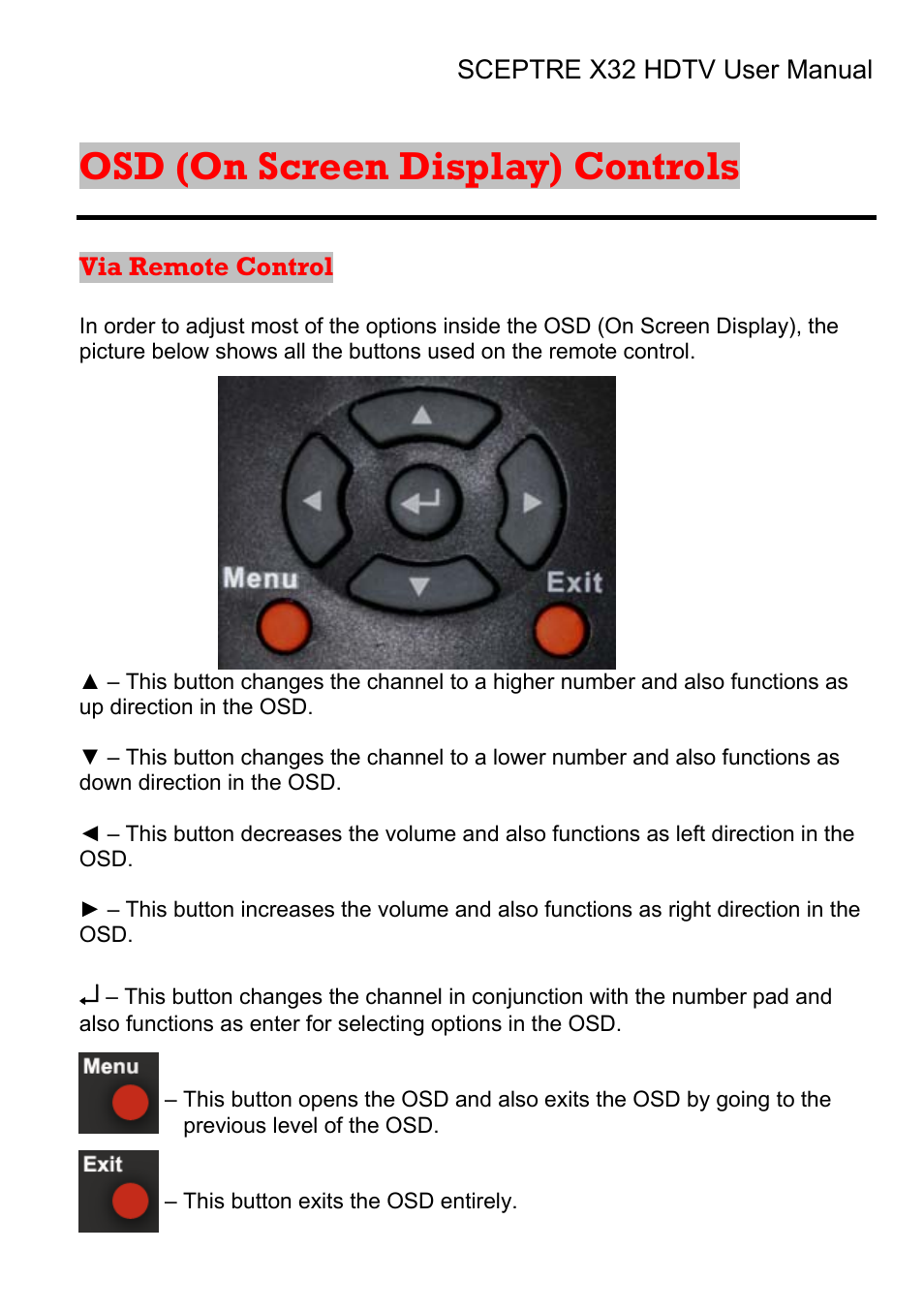 Osd (on screen display) controls | Sceptre Technologies X32 User Manual | Page 40 / 107