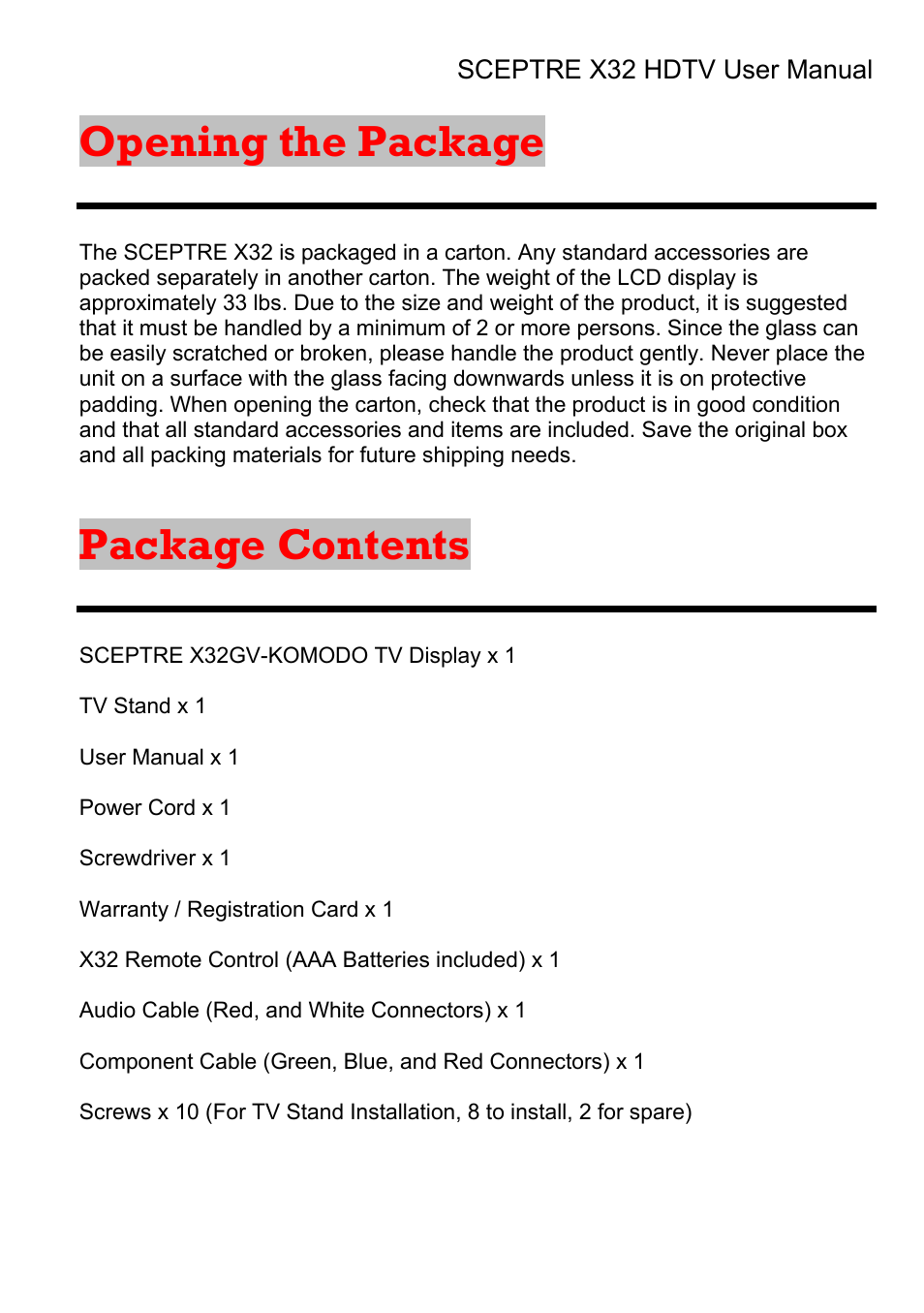 Opening the package, Package contents | Sceptre Technologies X32 User Manual | Page 6 / 107