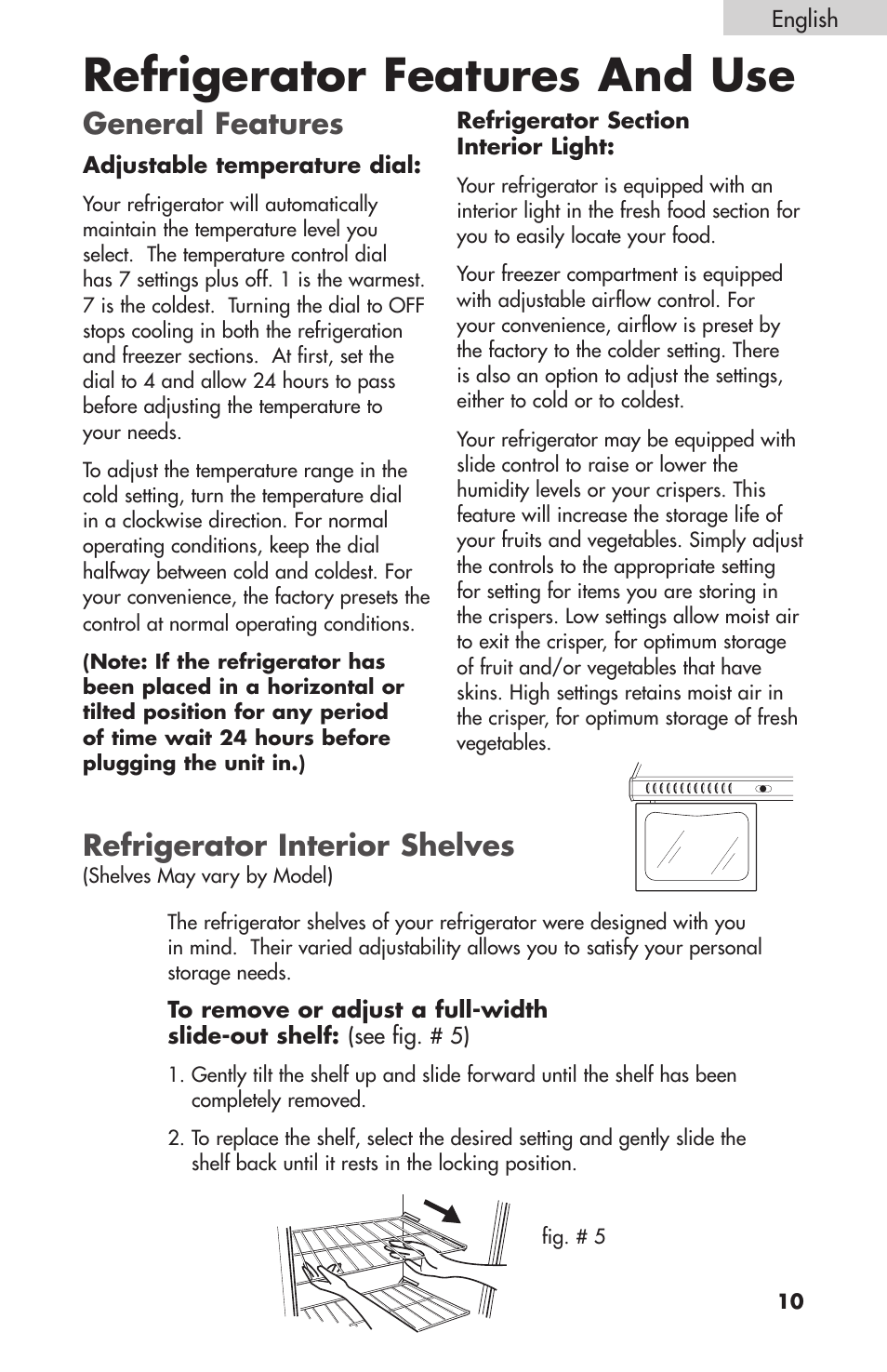Refrigerator features and use, General features, Refrigerator interior shelves | Summit FF-1074W User Manual | Page 11 / 56