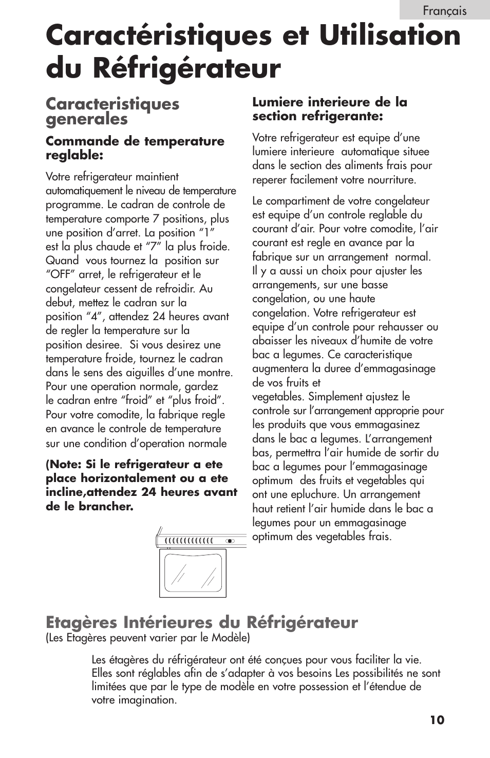Caractéristiques et utilisation du réfrigérateur, Etagères intérieures du réfrigérateur, Caracteristiques generales | Summit FF-1074W User Manual | Page 29 / 56