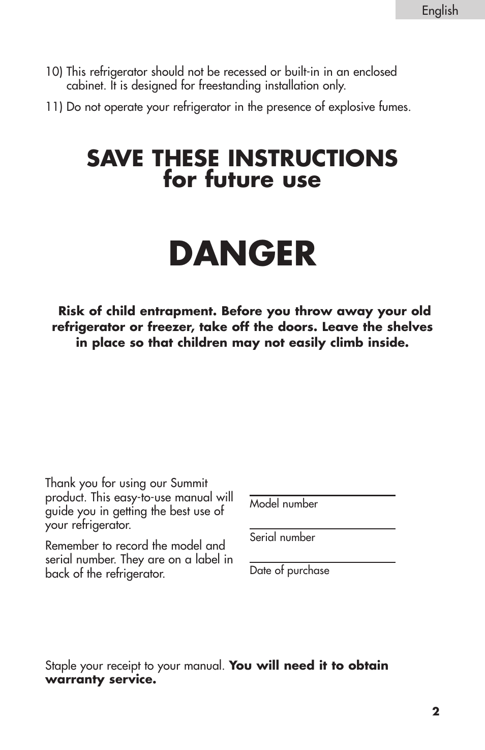 Danger, Save these instructions for future use | Summit FF-1074W User Manual | Page 3 / 56