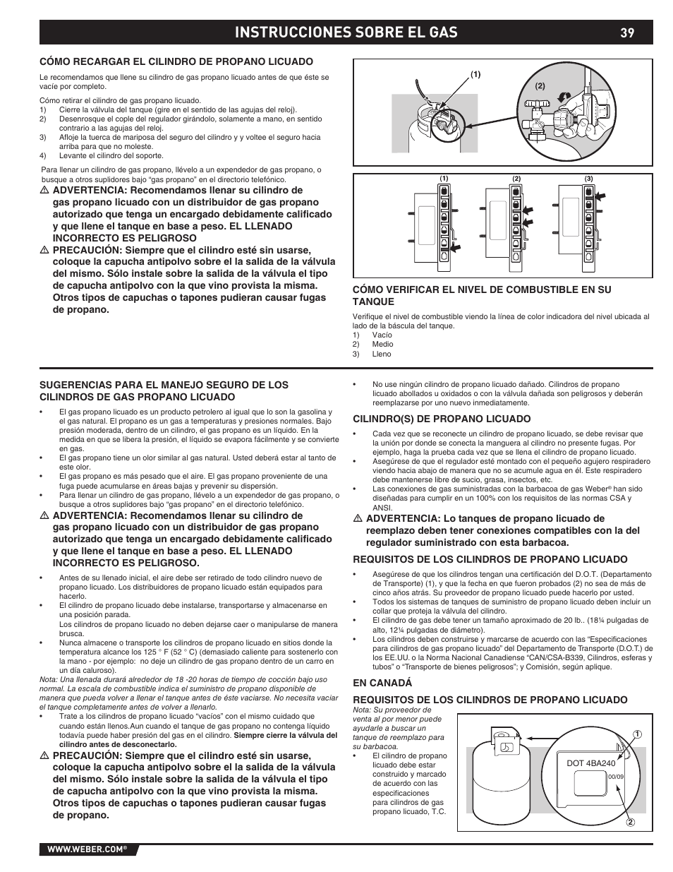 Gas instructions, Instrucciones sobre el gas | Summit E/S-620/650 User Manual | Page 39 / 84