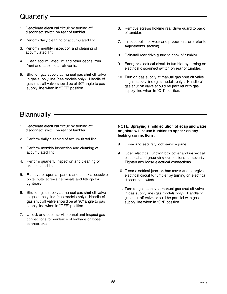 Quarterly, Biannually | Speed Queen Drying Tumblers SCB50EG User Manual | Page 60 / 66