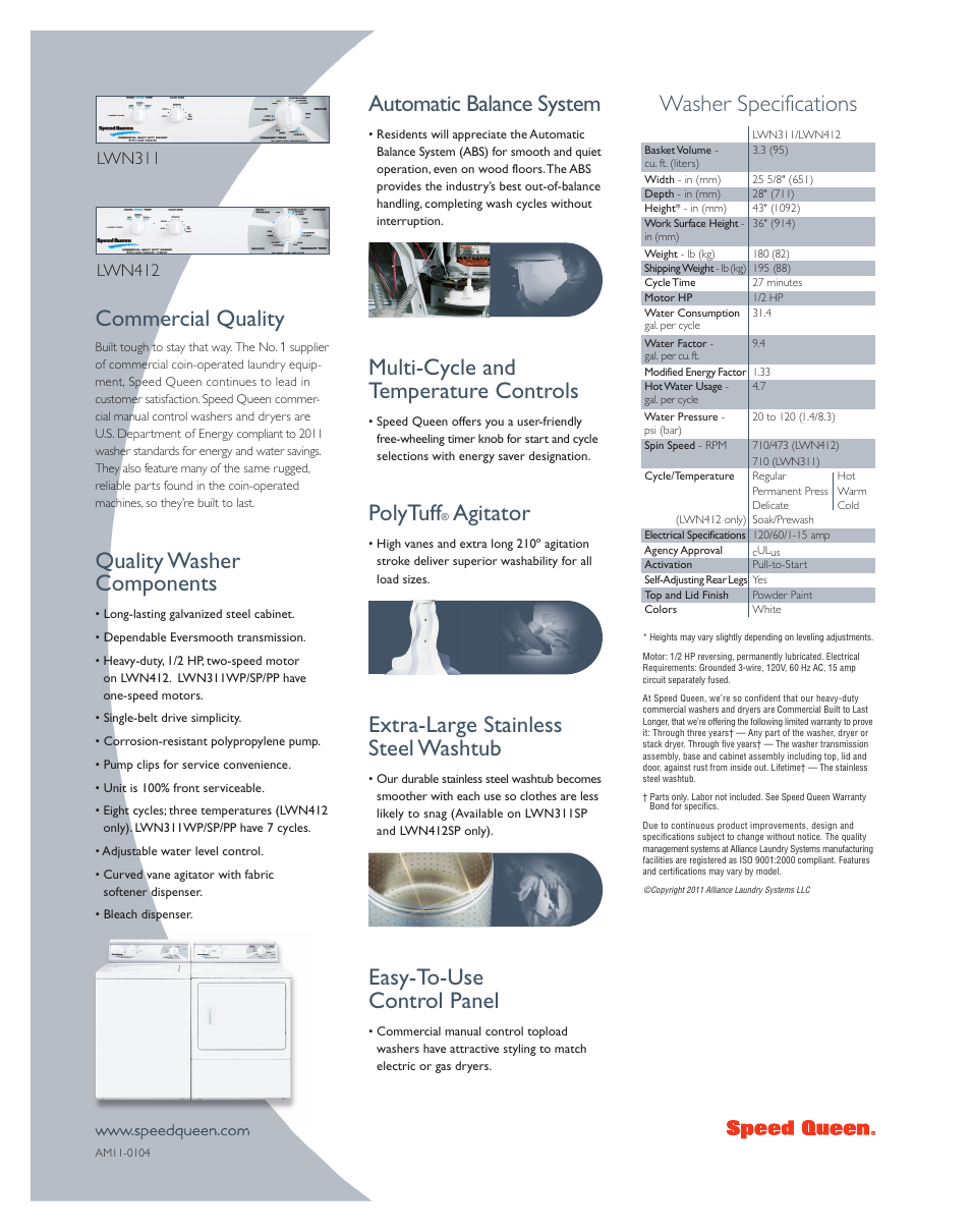 Automatic balance system, Multi-cycle and temperature controls, Polytuff | Agitator, Extra-large stainless steel washtub, Easy-to-use control panel, Washer specifications commercial quality, Quality washer components | Speed Queen WHITE PORCELAIN WASHTUB LWN311SP111TW01 User Manual | Page 2 / 2