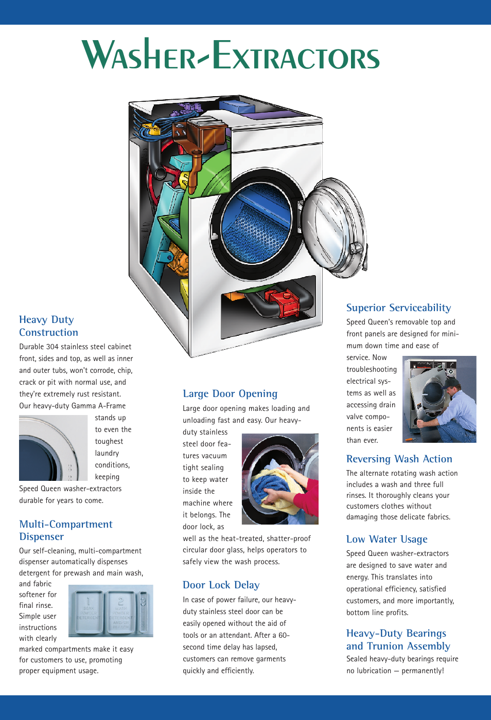 Washer-extractors, Multi-compartment dispenser, Reversing wash action low water usage | Superior serviceability, Heavy duty construction, Heavy-duty bearings and trunion assembly, Large door opening door lock delay | Speed Queen 60 lb User Manual | Page 3 / 6