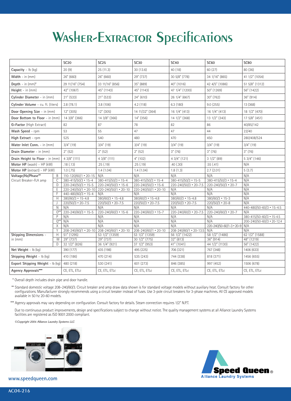 Washer-extractor specifications | Speed Queen 60 lb User Manual | Page 6 / 6