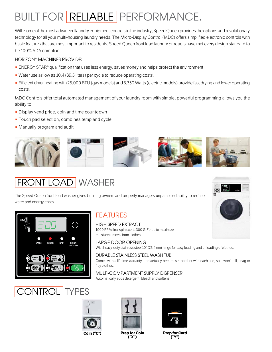 Built for reliable performance, Front load washer, Control types | Features | Speed Queen SFEY07 User Manual | Page 2 / 4