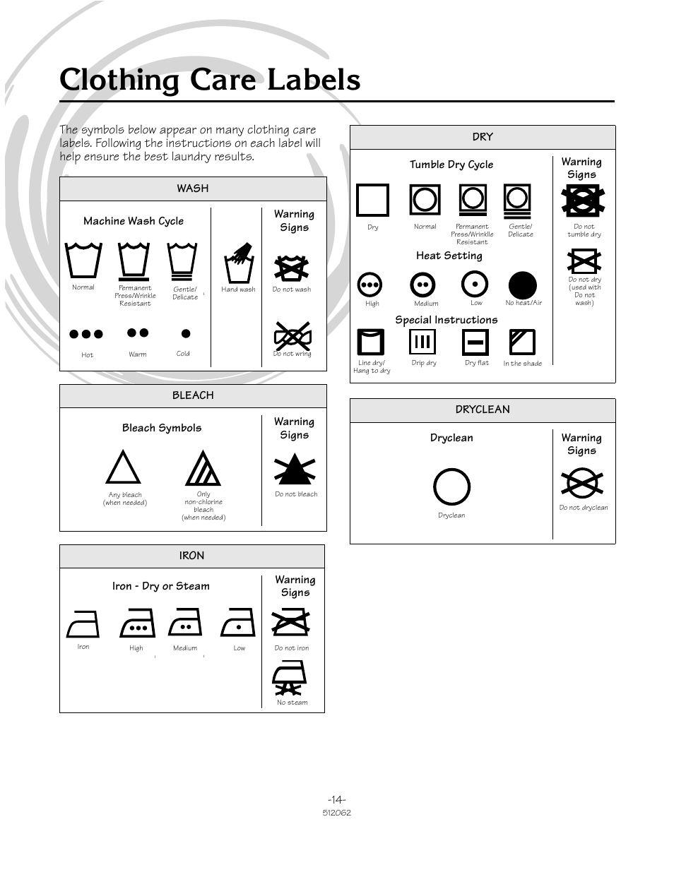 Orwklqj &duh /dehov, Wash bleach iron, Machine wash cycle | Warning signs, Bleach symbols, Iron - dry or steam, Dry dryclean, Tumble dry cycle warning signs, Special instructions, Heat setting | Speed Queen 51206ZKZ User Manual | Page 14 / 18