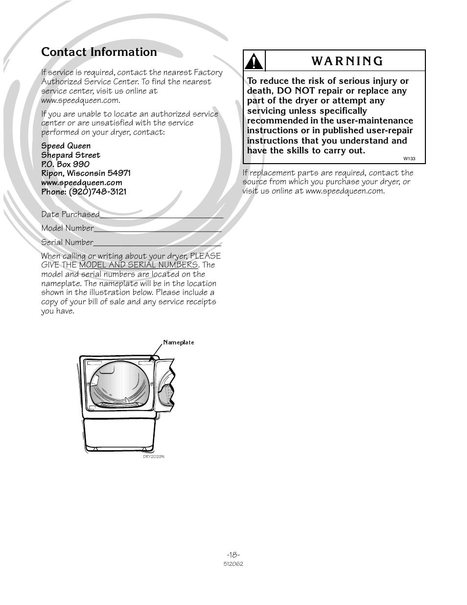 Rqwdfw ,qirupdwlrq | Speed Queen 51206ZKZ User Manual | Page 18 / 18