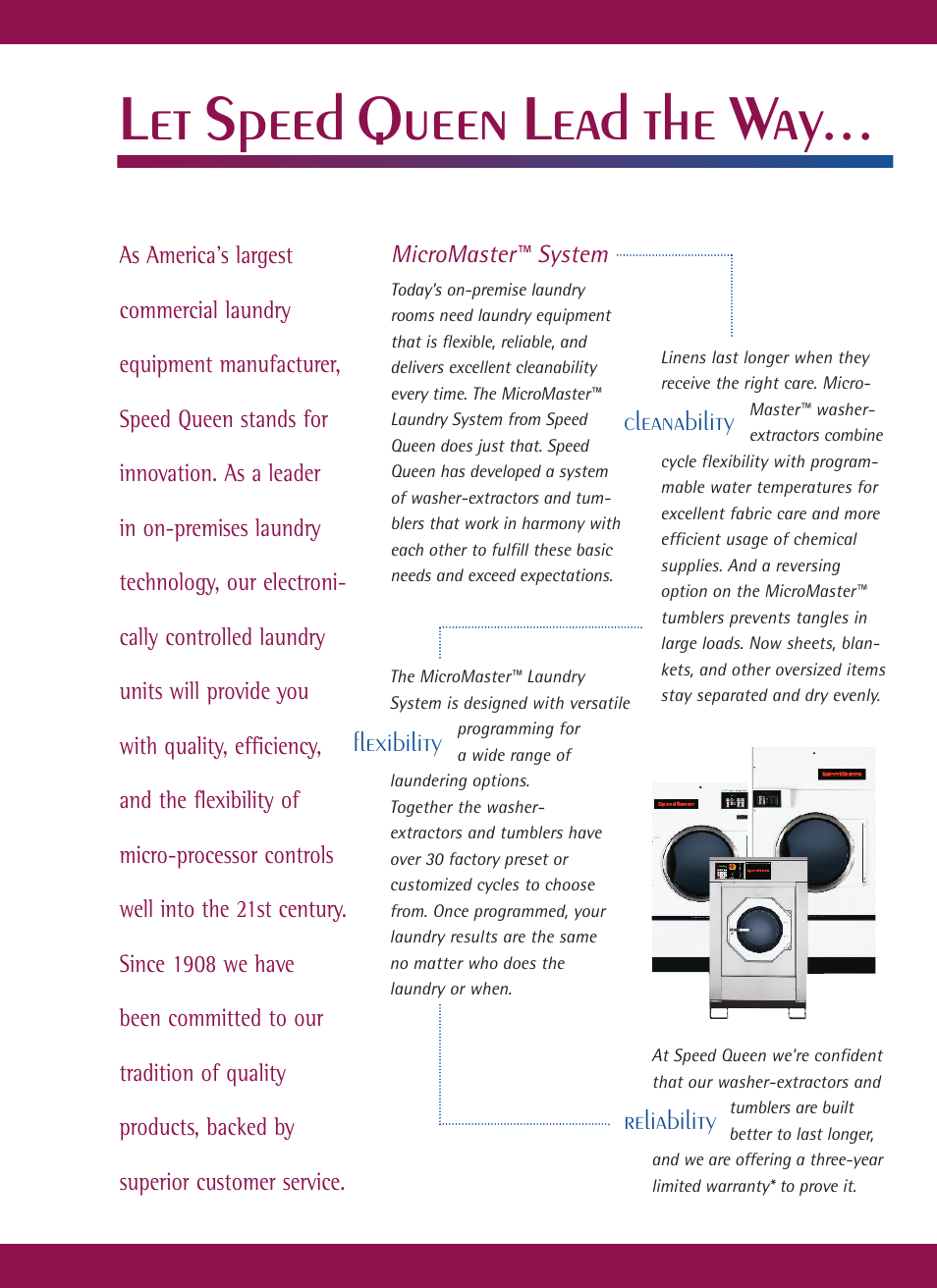 Let speed queen lead the way, Reliability, Cleanability | Flexibility, Micromaster™ system | Speed Queen 50 lb User Manual | Page 2 / 6