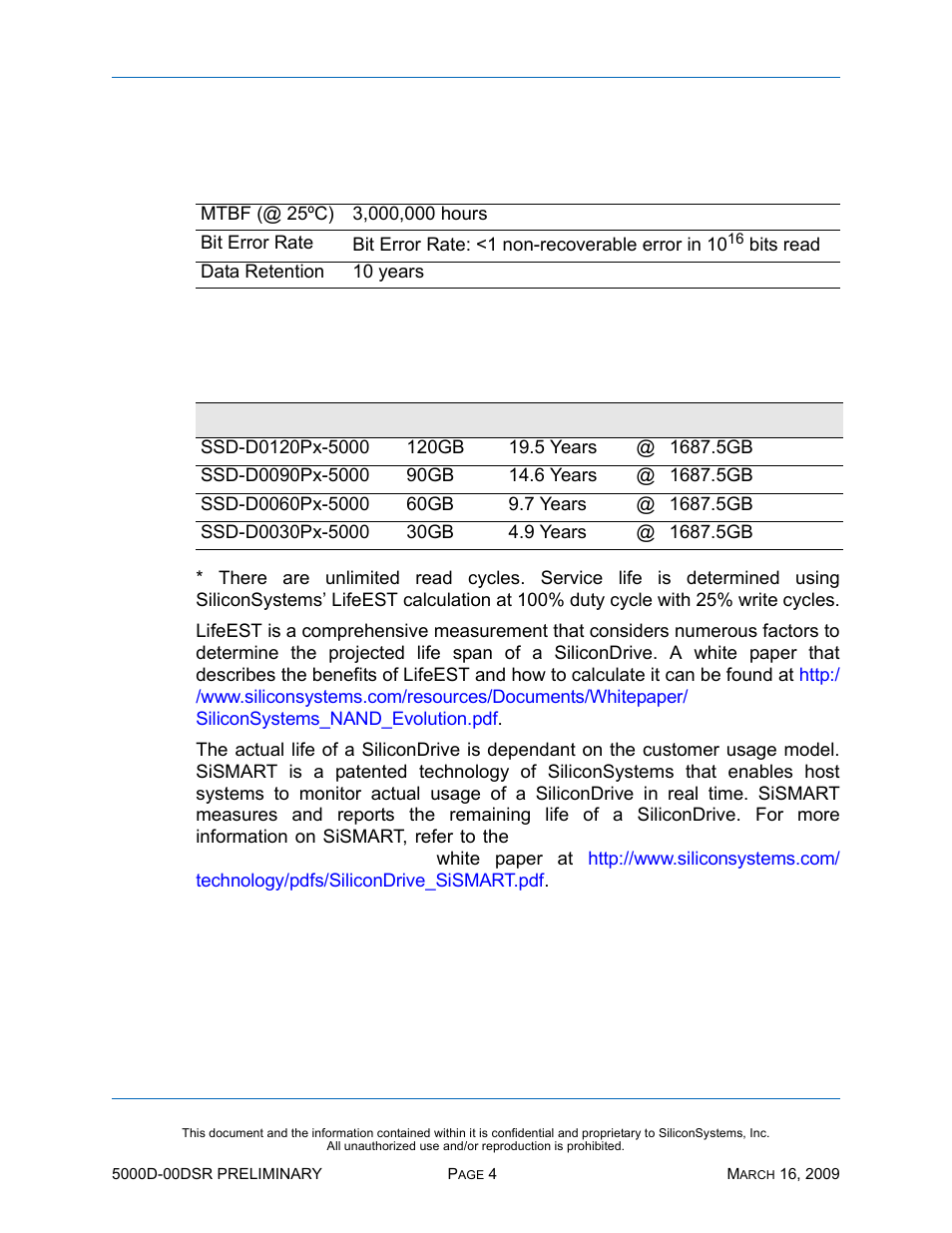 Reliability, Projected operational life span, Table 3: reliability | Silicon Valley Peripherals SiliconDrive SSD-D0120PI-5000 User Manual | Page 10 / 26