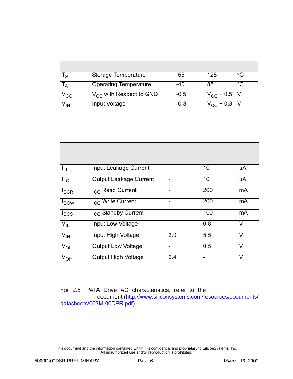Absolute maximum ratings, Dc characteristics, Ac characteristics | Table 7: absolute maximum ratings, Table 8: dc characteristics, Ac c, Dc c | Silicon Valley Peripherals SiliconDrive SSD-D0120PI-5000 User Manual | Page 12 / 26