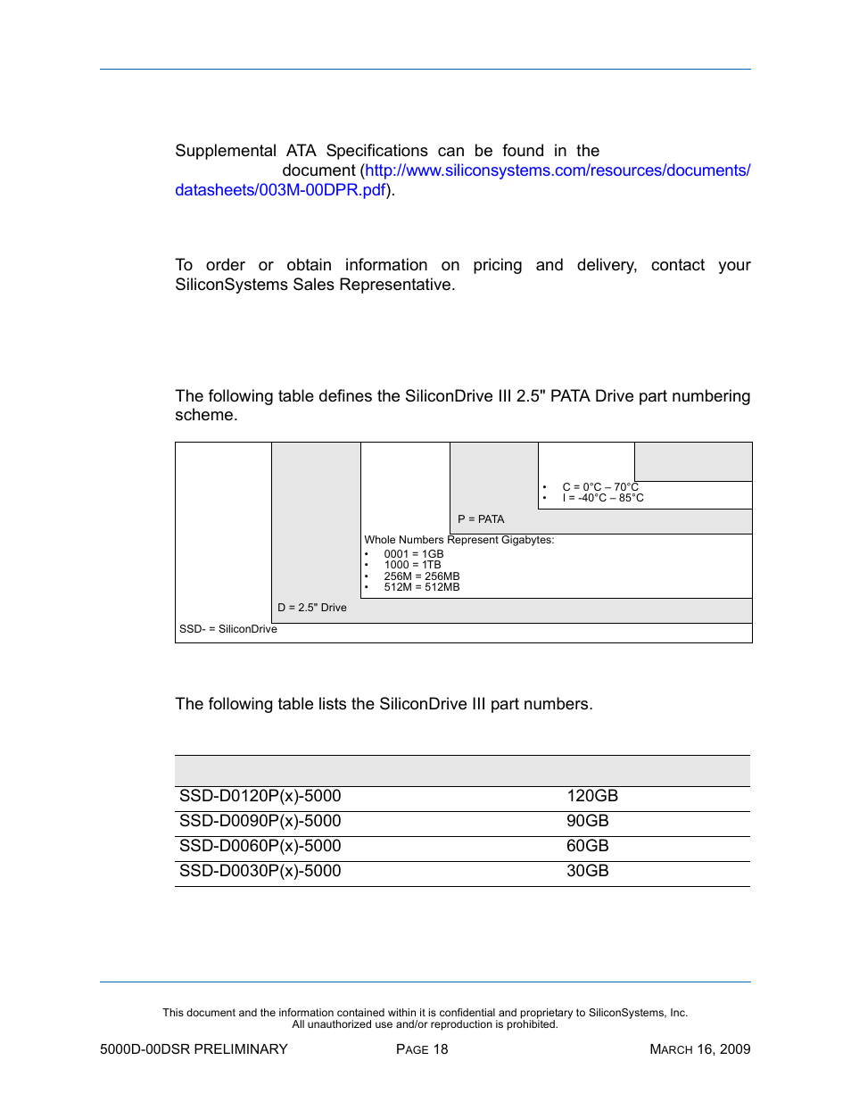 Ata specifications, Sales and support, Part numbering | Nomenclature, Part numbers, Table 11: part numbers, Ata s | Silicon Valley Peripherals SiliconDrive SSD-D0120PI-5000 User Manual | Page 24 / 26