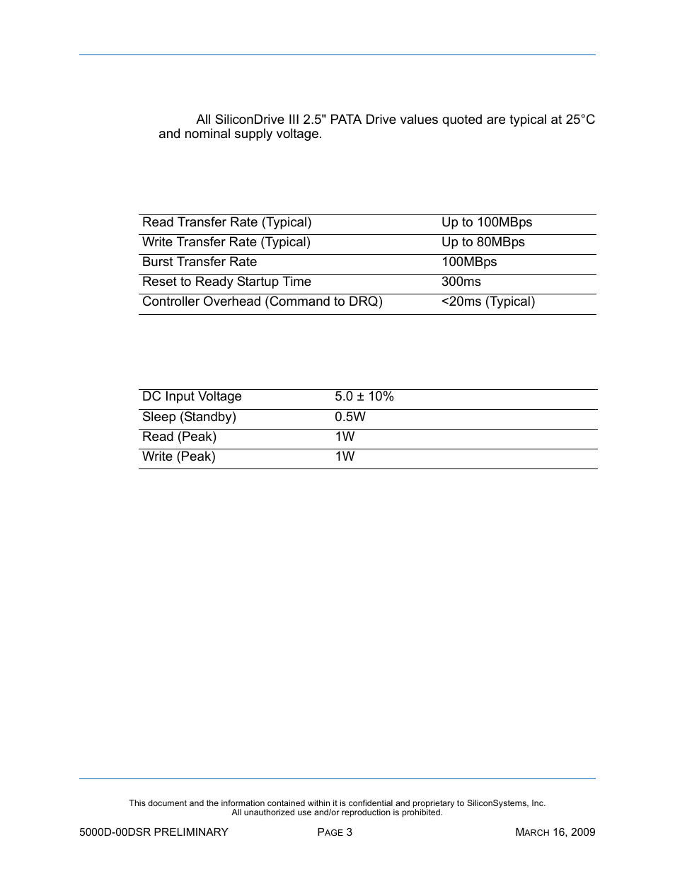 Product specifications, System performance, System power requirements | Table 1: system performance, Table 2: system power requirements | Silicon Valley Peripherals SiliconDrive SSD-D0120PI-5000 User Manual | Page 9 / 26