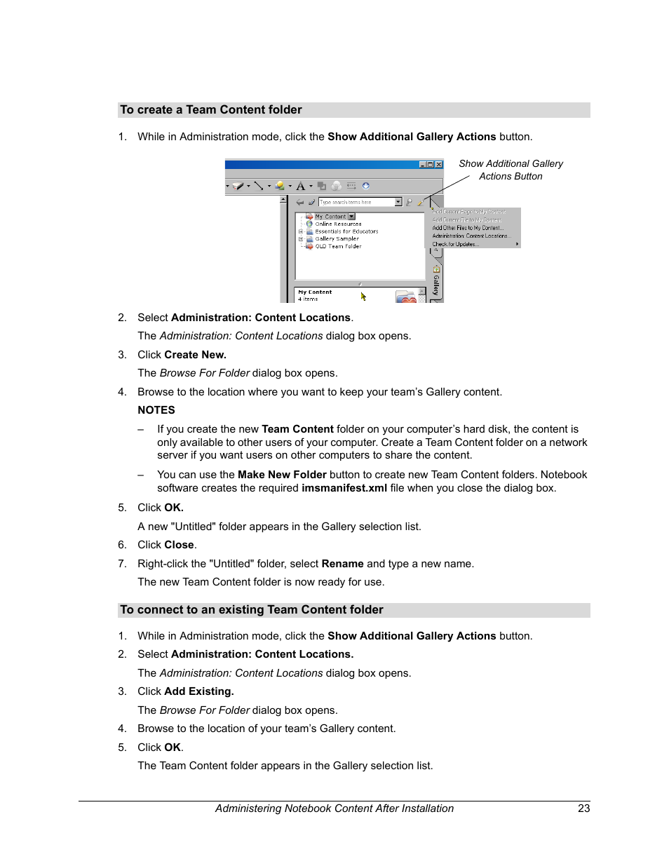 To create a team content folder, To connect to an existing team content folder | Smart Technologies SMART Board Software 9.5 User Manual | Page 27 / 32