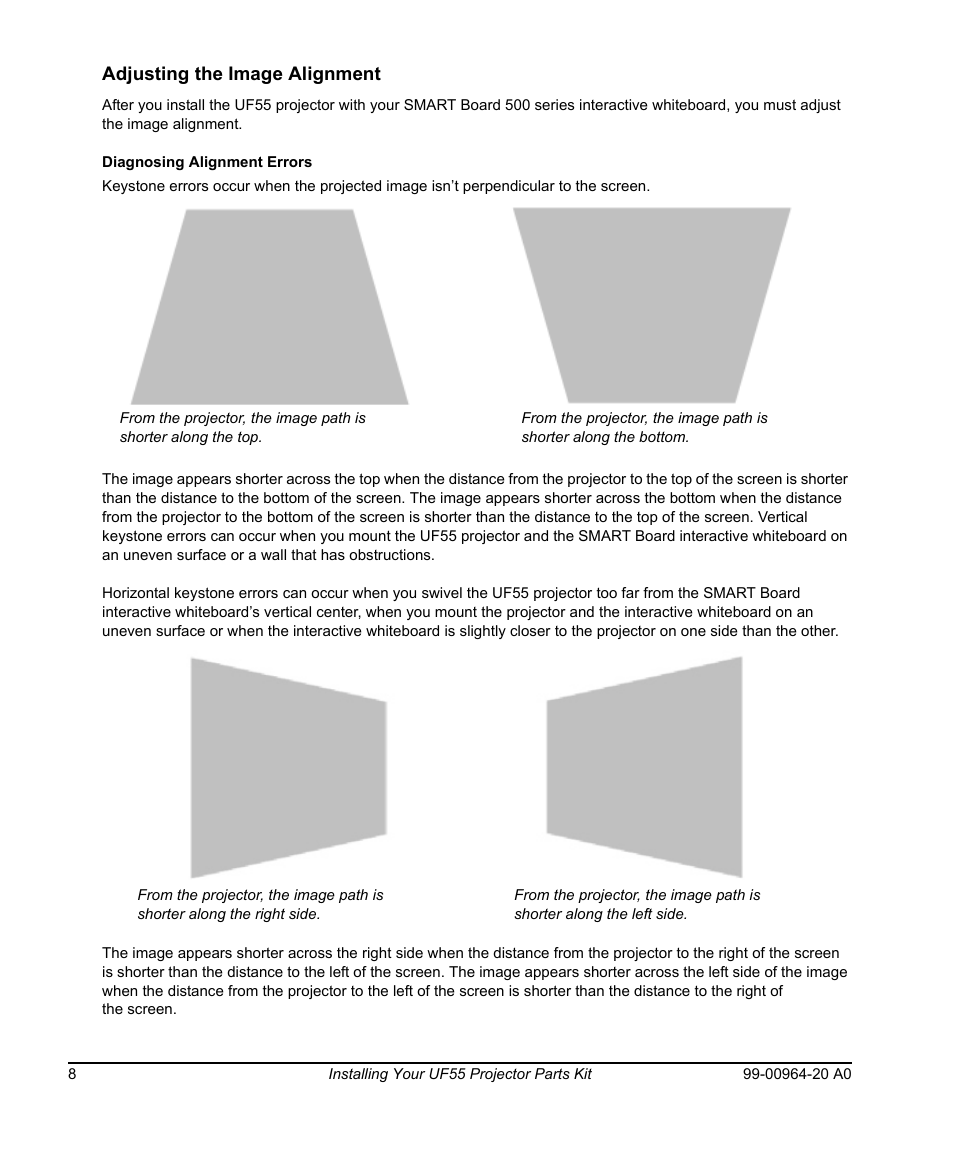 Adjusting the image alignment, Diagnosing alignment errors | Smart Technologies Smart Board 560 and 580 Interactive Whiteboards And UF55 Projectors 99-00964-20 User Manual | Page 18 / 76