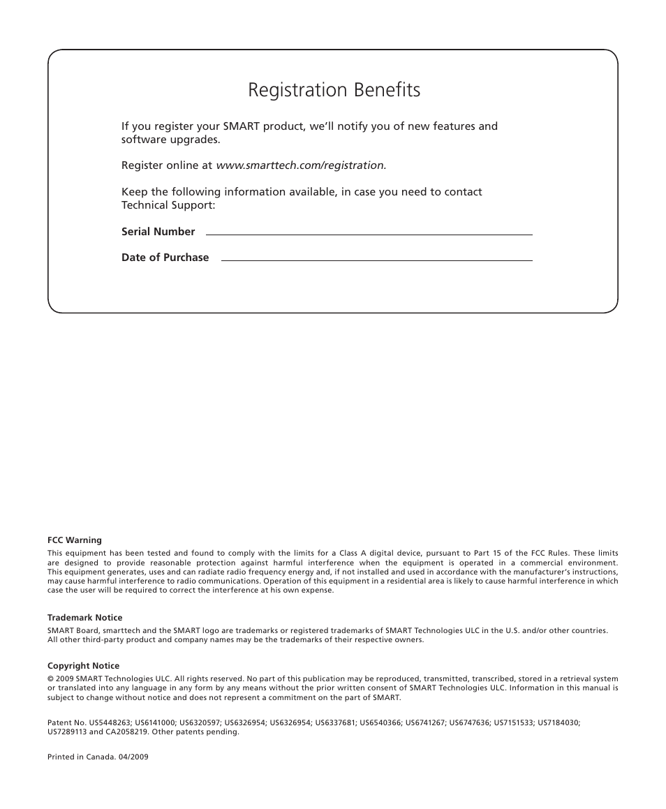Registration benefits | Smart Technologies Smart Board 560 and 580 Interactive Whiteboards And UF55 Projectors 99-00964-20 User Manual | Page 2 / 76