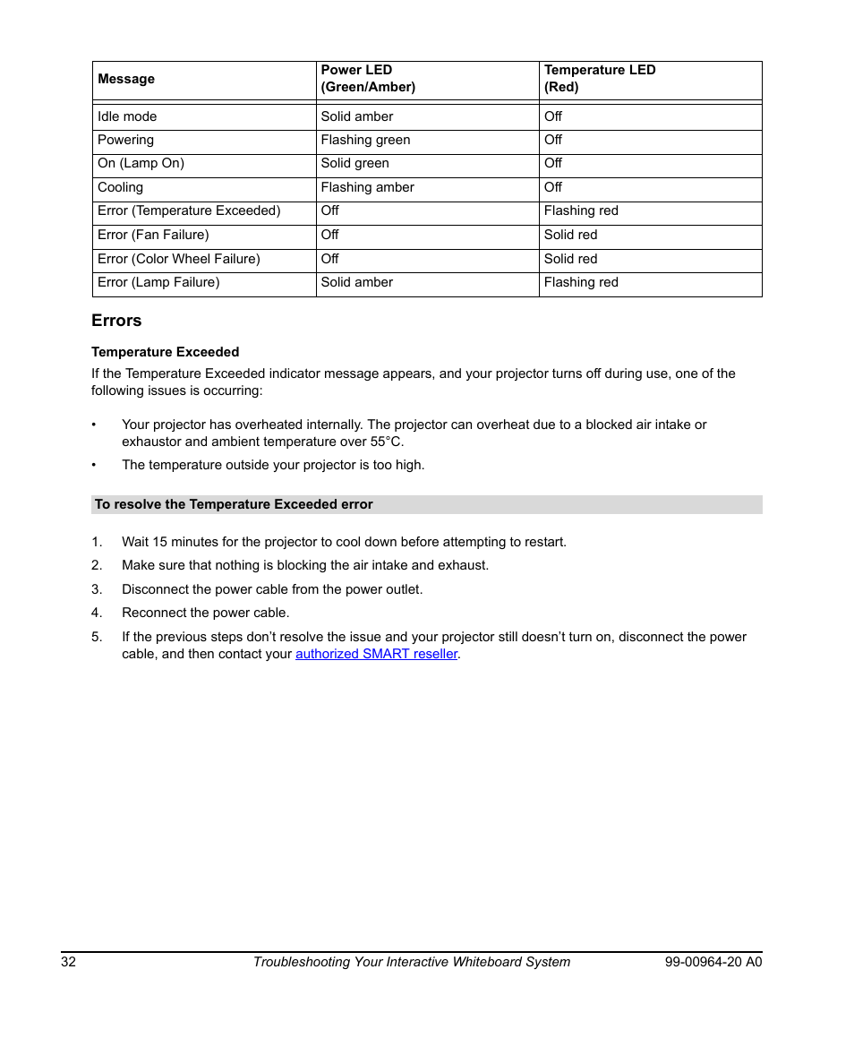 Errors, Temperature exceeded, To resolve the temperature exceeded error | Smart Technologies Smart Board 560 and 580 Interactive Whiteboards And UF55 Projectors 99-00964-20 User Manual | Page 42 / 76