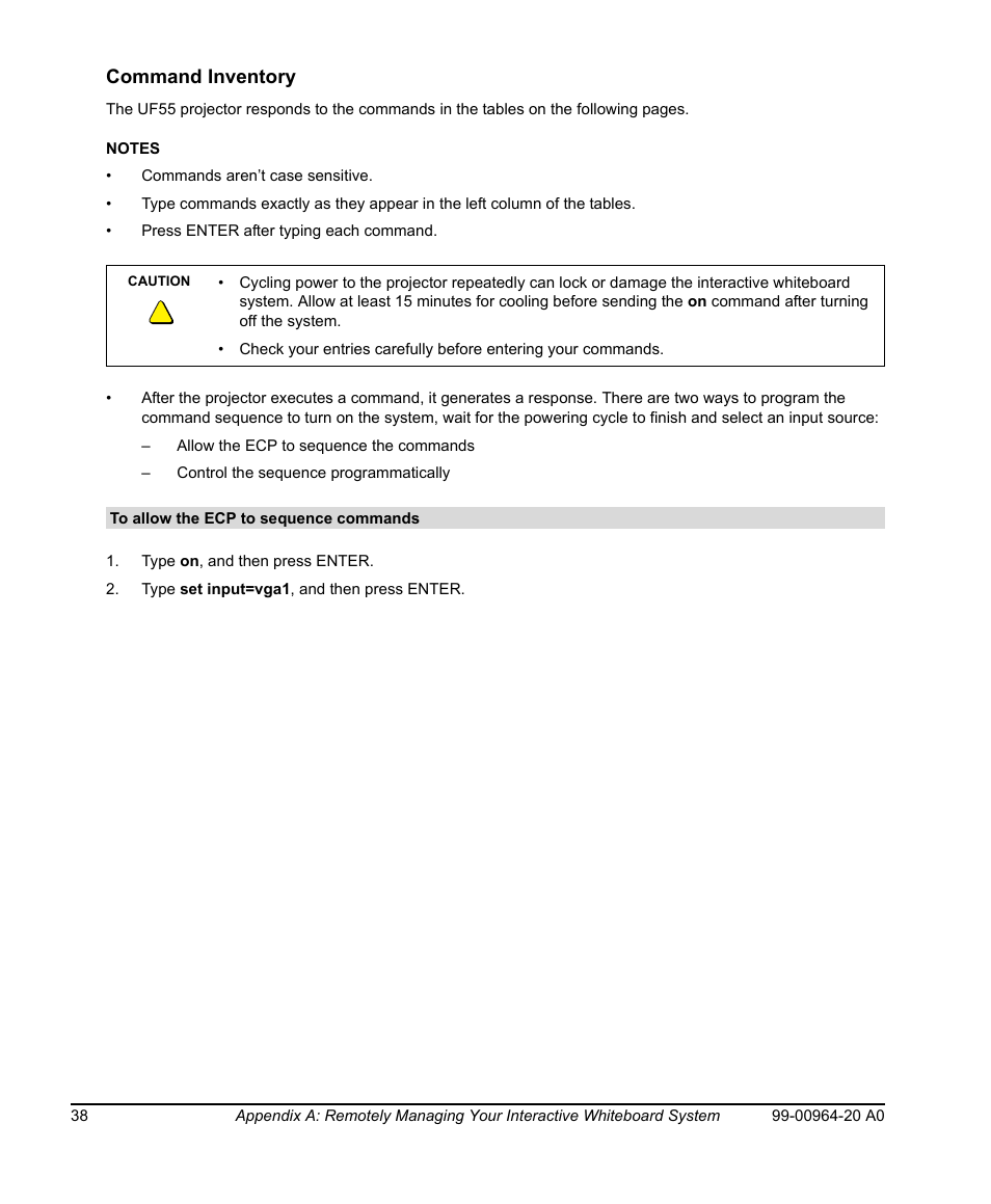 Command inventory, To allow the ecp to sequence commands | Smart Technologies Smart Board 560 and 580 Interactive Whiteboards And UF55 Projectors 99-00964-20 User Manual | Page 48 / 76
