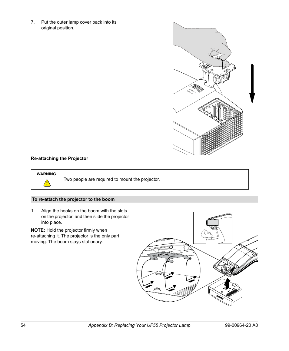 Re-attaching the projector, To re-attach the projector to the boom | Smart Technologies Smart Board 560 and 580 Interactive Whiteboards And UF55 Projectors 99-00964-20 User Manual | Page 64 / 76