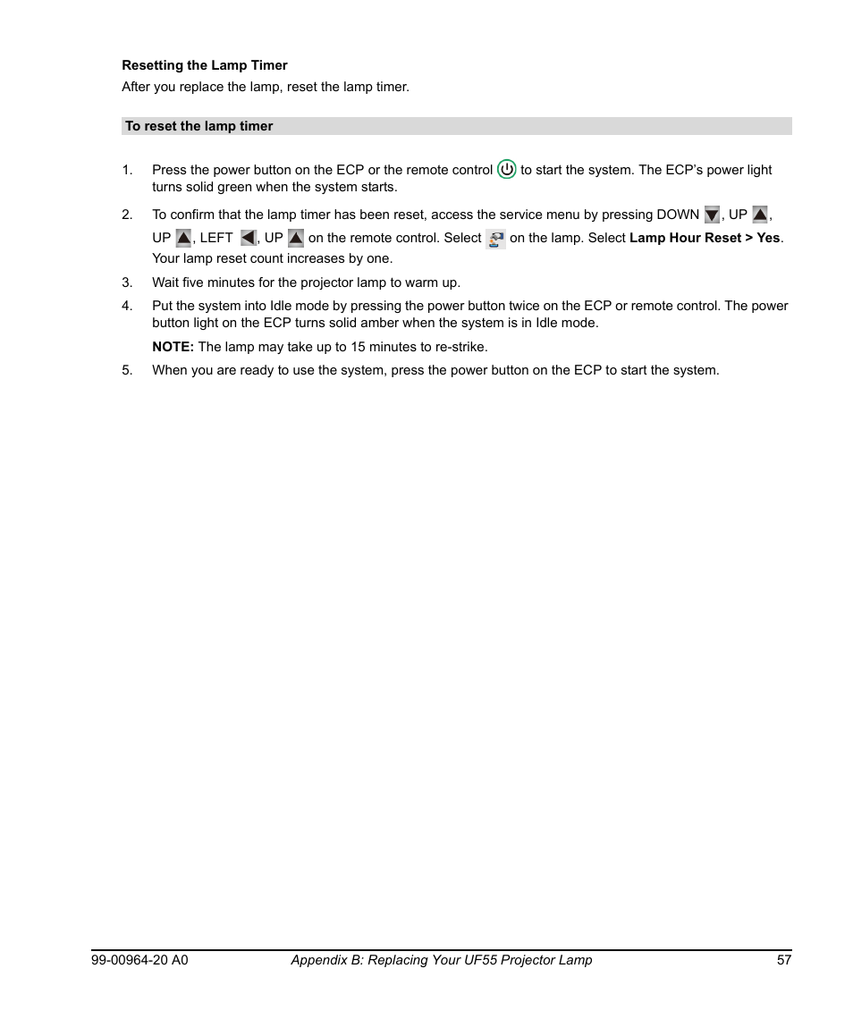 Resetting the lamp timer, To reset the lamp timer | Smart Technologies Smart Board 560 and 580 Interactive Whiteboards And UF55 Projectors 99-00964-20 User Manual | Page 67 / 76