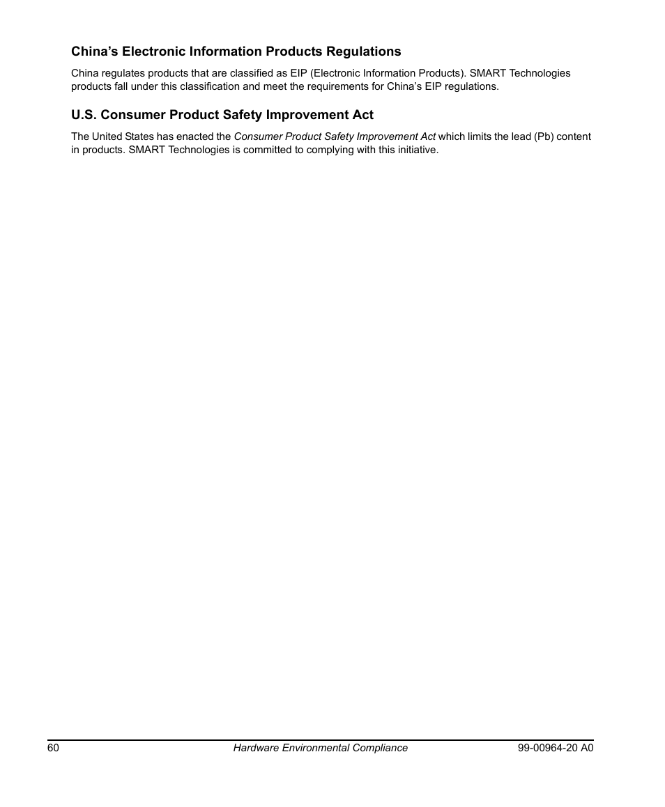 U.s. consumer product safety improvement act | Smart Technologies Smart Board 560 and 580 Interactive Whiteboards And UF55 Projectors 99-00964-20 User Manual | Page 70 / 76