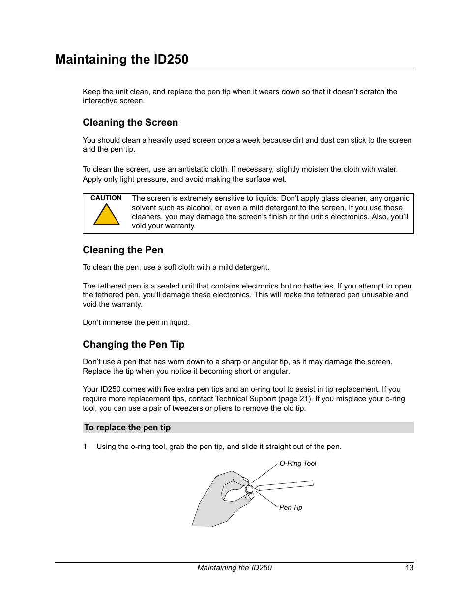 Maintaining the id250, Cleaning the screen, Cleaning the pen | Changing the pen tip | Smart Technologies Sympodium ID250 User Manual | Page 19 / 31