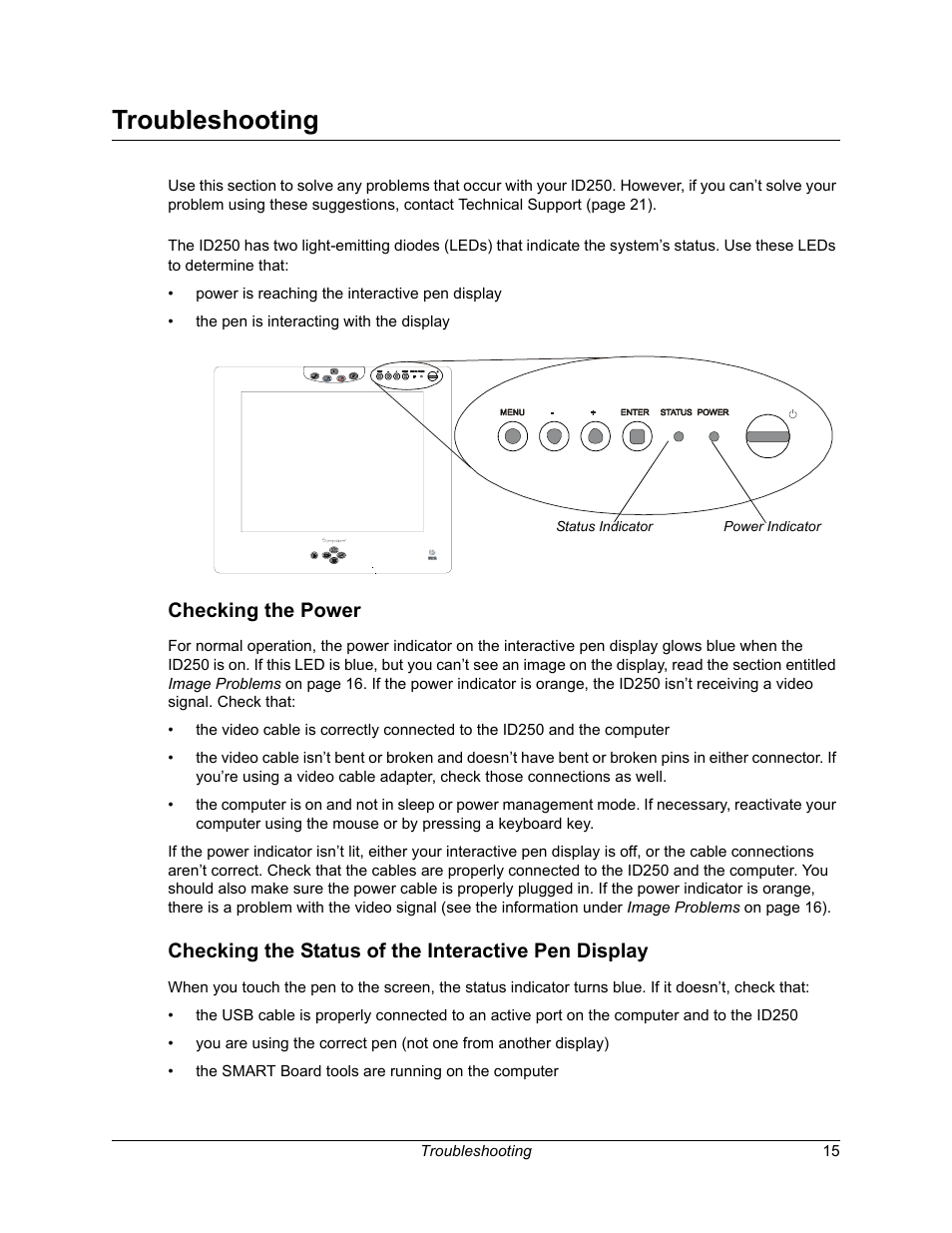 Troubleshooting, Checking the power, Checking the status of the interactive pen display | Smart Technologies Sympodium ID250 User Manual | Page 21 / 31