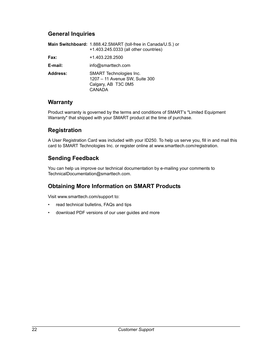 General inquiries, Warranty, Registration | Sending feedback, Obtaining more information on smart products | Smart Technologies Sympodium ID250 User Manual | Page 28 / 31