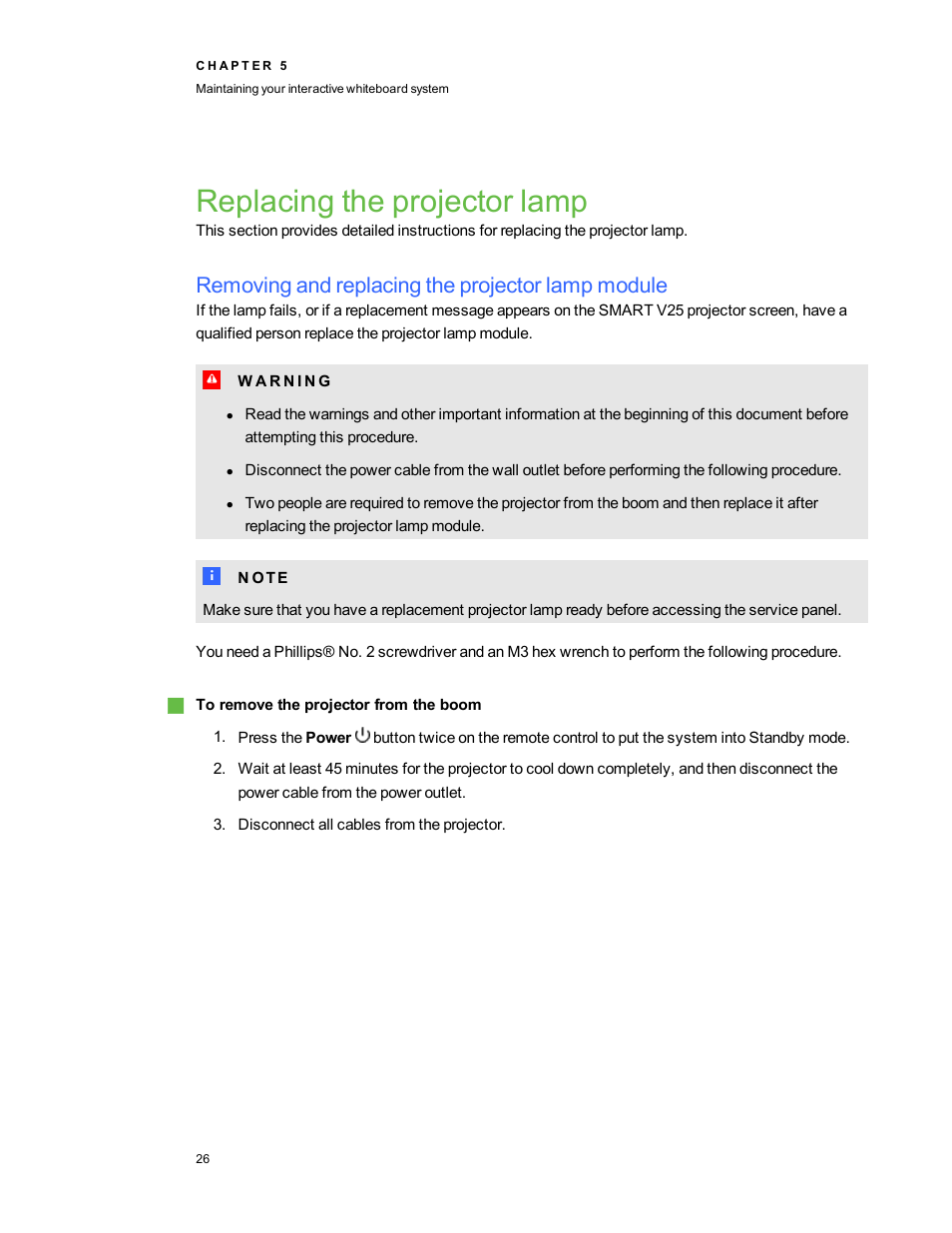 Replacing the projector lamp, Removing and replacing the projector lamp module | Smart Technologies Smart board Interactive Whiteboard system 400iv User Manual | Page 36 / 88