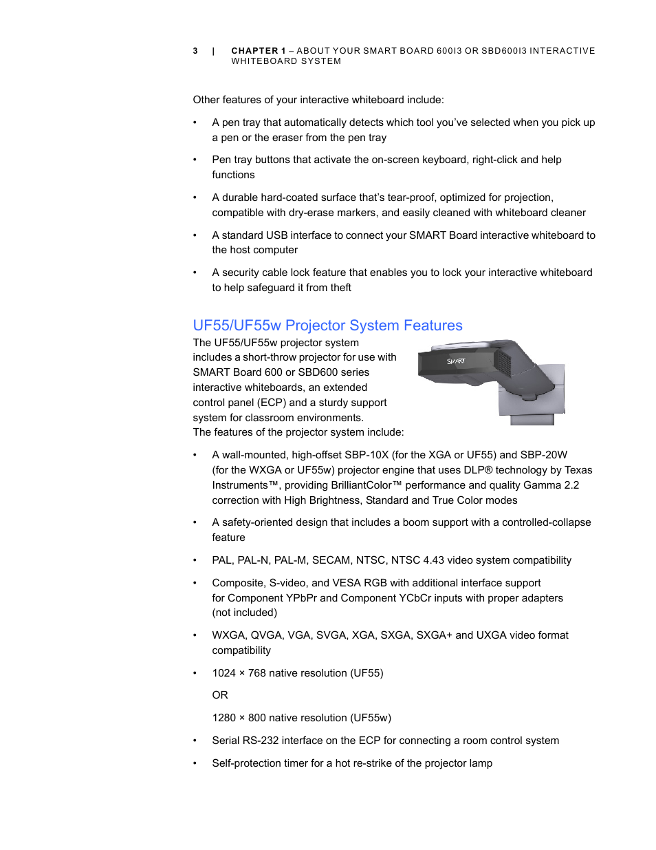 Uf55/uf55w projector system features | Smart Technologies 600i3 User Manual | Page 15 / 86