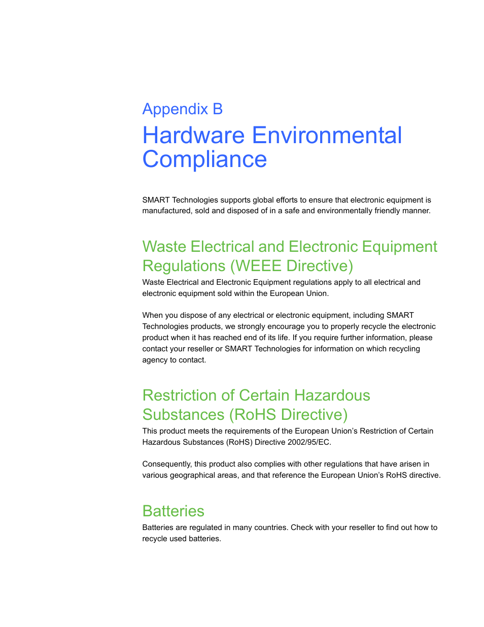Hardware environmental compliance, Batteries, B hardware environmental compliance | Appendix b | Smart Technologies 600i3 User Manual | Page 79 / 86