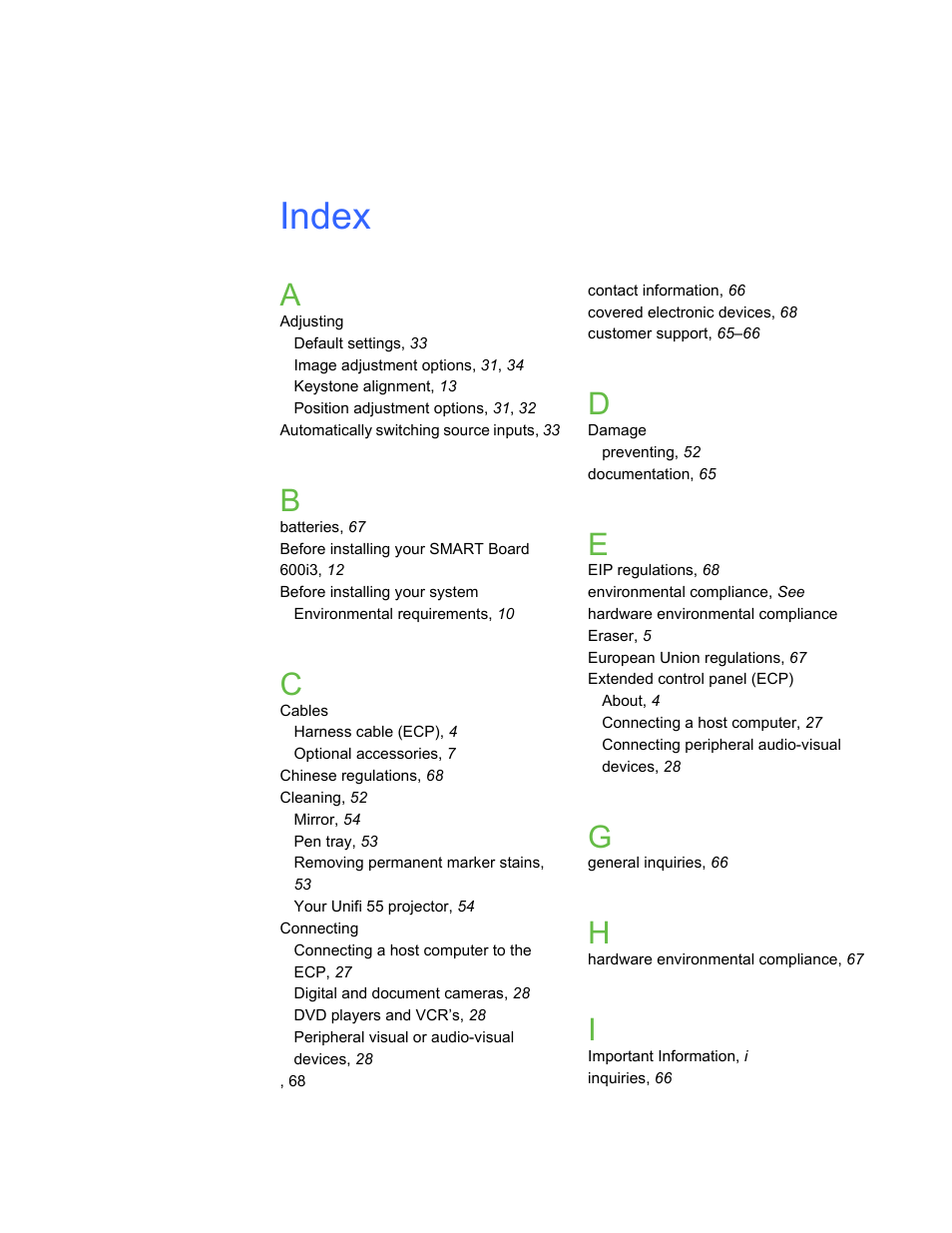 Index | Smart Technologies 600i3 User Manual | Page 81 / 86