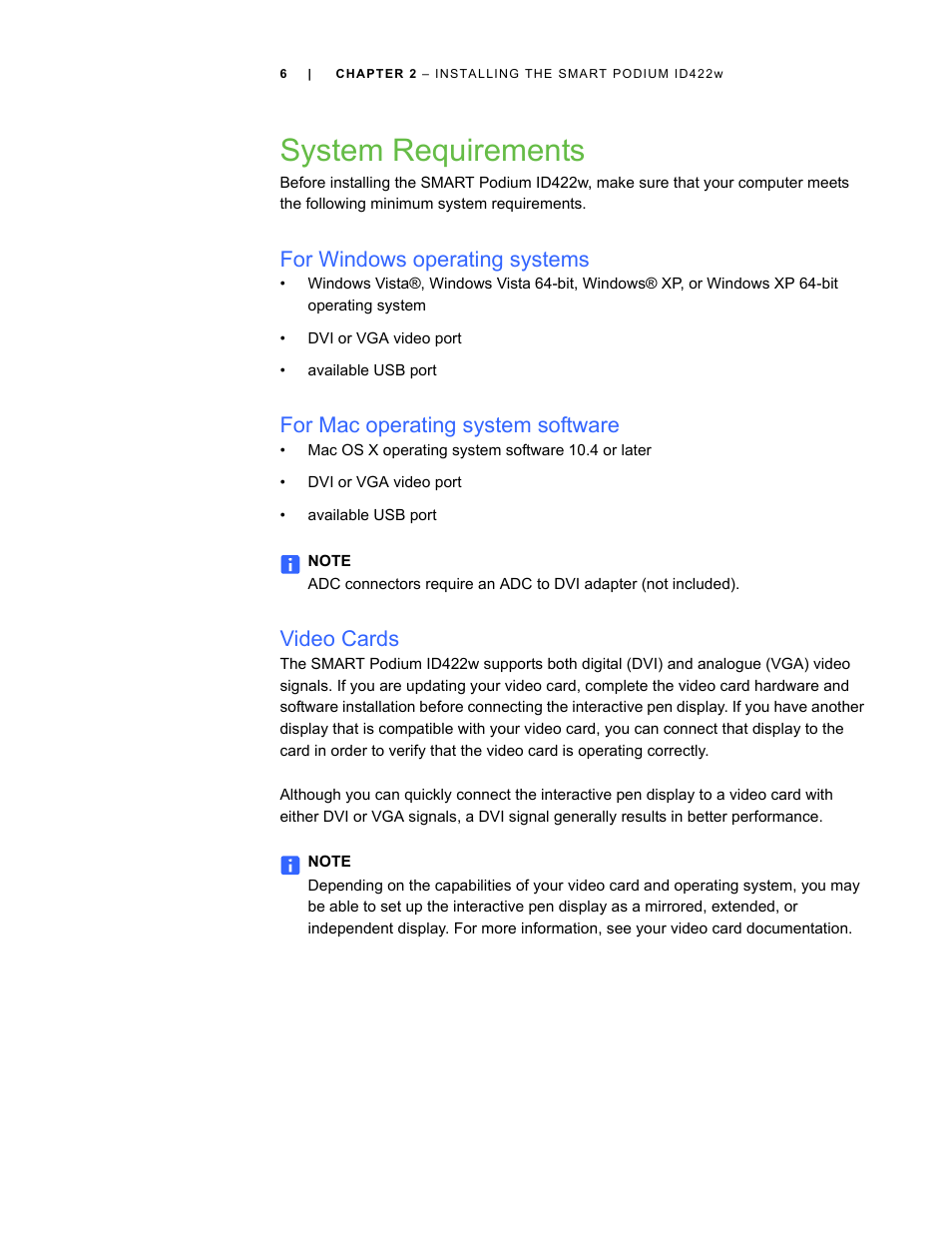 System requirements, For windows operating systems, For mac operating system software | Video cards | Smart Technologies ID422w User Manual | Page 16 / 66