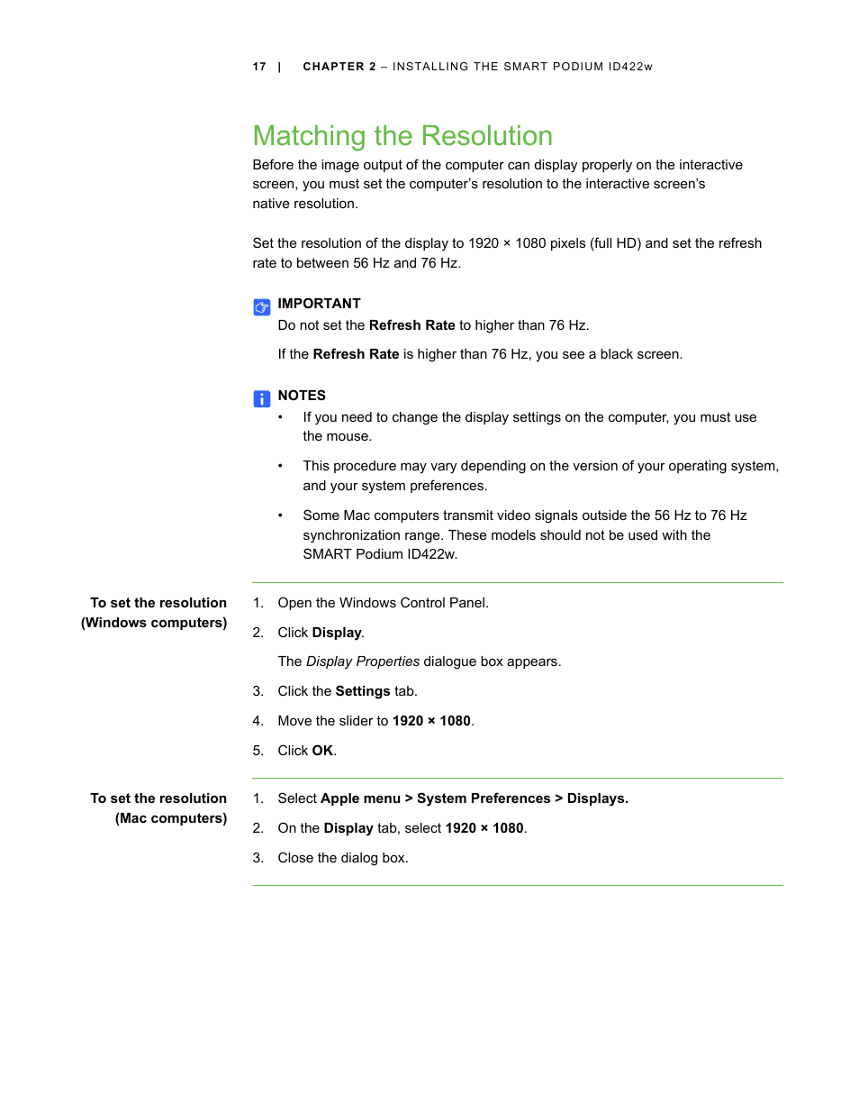 Matching the resolution | Smart Technologies ID422w User Manual | Page 27 / 66