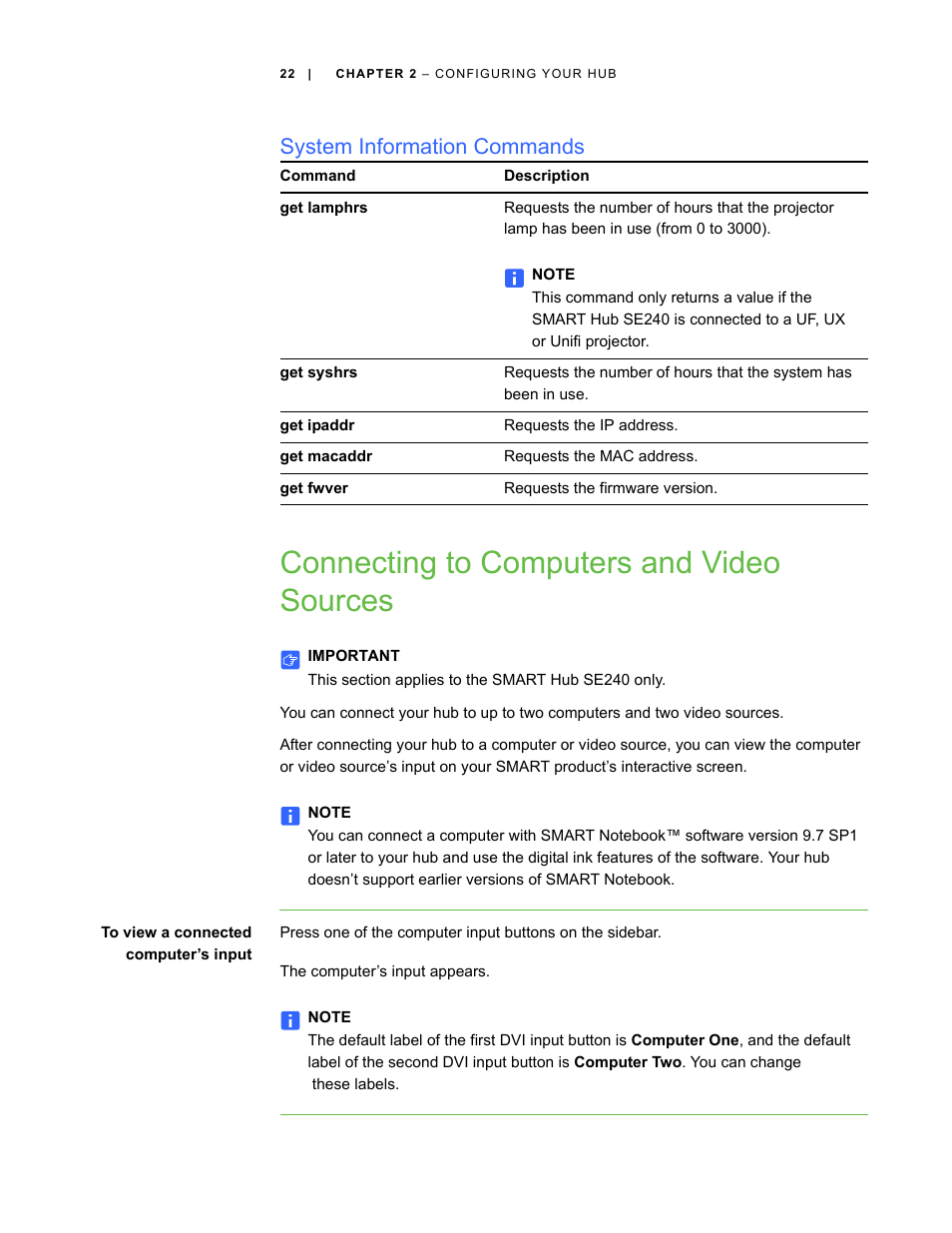 System information commands, Connecting to computers and video sources | Smart Technologies SMART Hub SE240 User Manual | Page 28 / 58