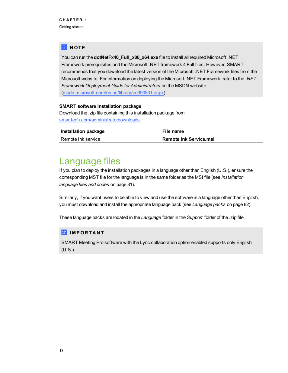 Smart software installation package, Language files | Smart Technologies SMART Meeting Pro 3.1 User Manual | Page 19 / 94