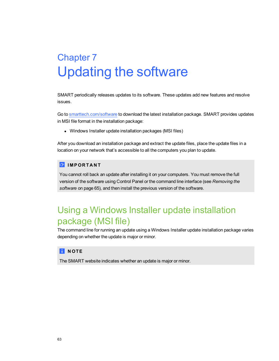 Chapter 7: updating the software, Chapter 7 | Smart Technologies SMART Meeting Pro 3.1 User Manual | Page 69 / 94