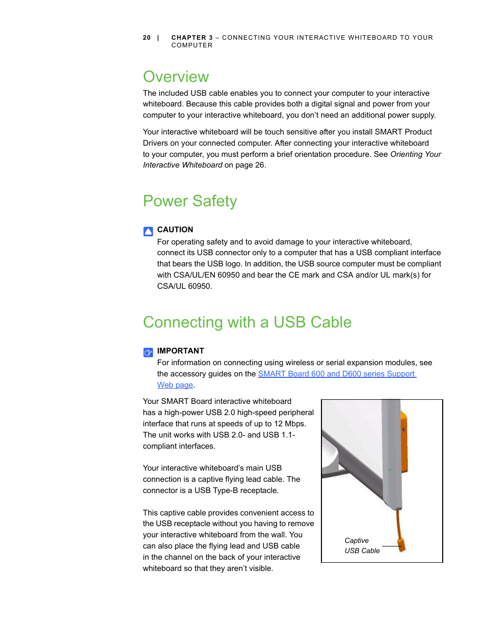 Overview, Power safety, Connecting with a usb cable | Smart Technologies SMART Board D600 User Manual | Page 28 / 68