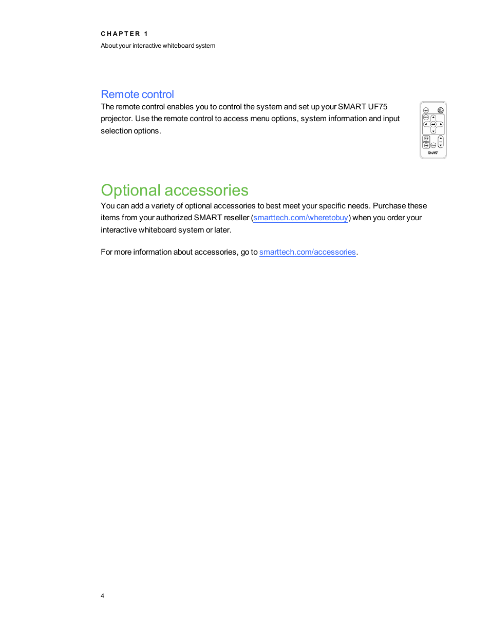 Remote control, Optional accessories | Smart Technologies Interactive Whiteboard System 480i5 User Manual | Page 14 / 87