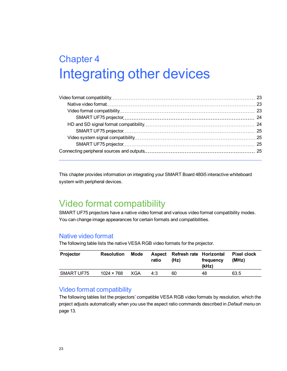 Integrating other devices, Video format compatibility, Native video format | Chapter 4 | Smart Technologies Interactive Whiteboard System 480i5 User Manual | Page 33 / 87