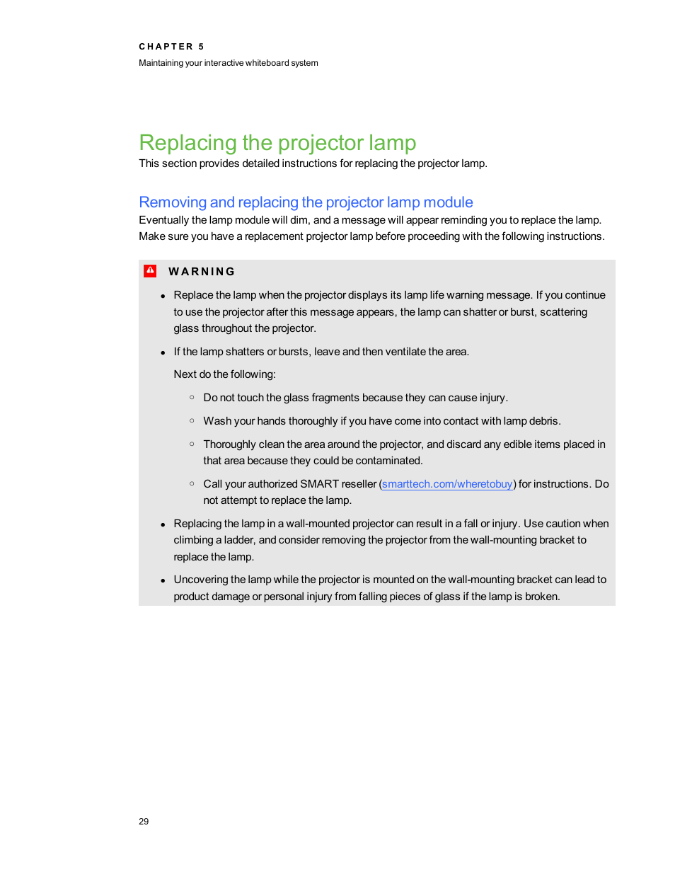 Replacing the projector lamp, Removing and replacing the projector lamp module | Smart Technologies Interactive Whiteboard System 480i5 User Manual | Page 39 / 87