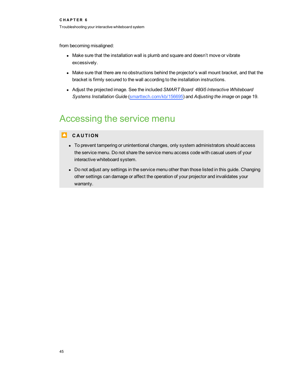 Accessing the service menu | Smart Technologies Interactive Whiteboard System 480i5 User Manual | Page 55 / 87