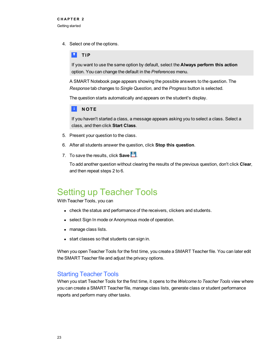 Setting up teacher tools, Starting teacher tools | Smart Technologies 2011 User Manual | Page 29 / 122