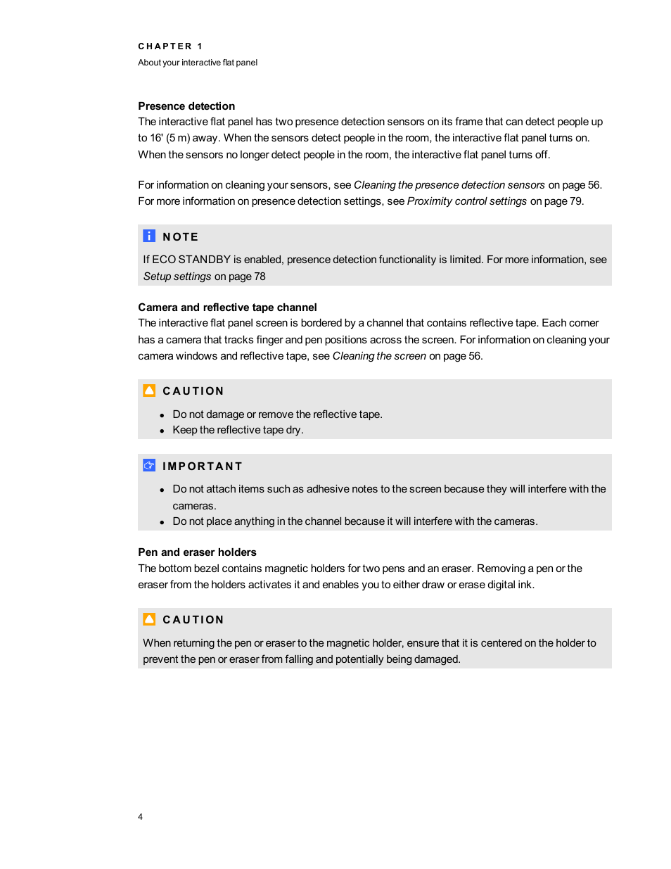 Presence detection, Camera and reflective tape channel, Pen and eraser holders | Smart Technologies Smart Board 6055i/8055i SMP/8055ie-SMP User Manual | Page 12 / 96