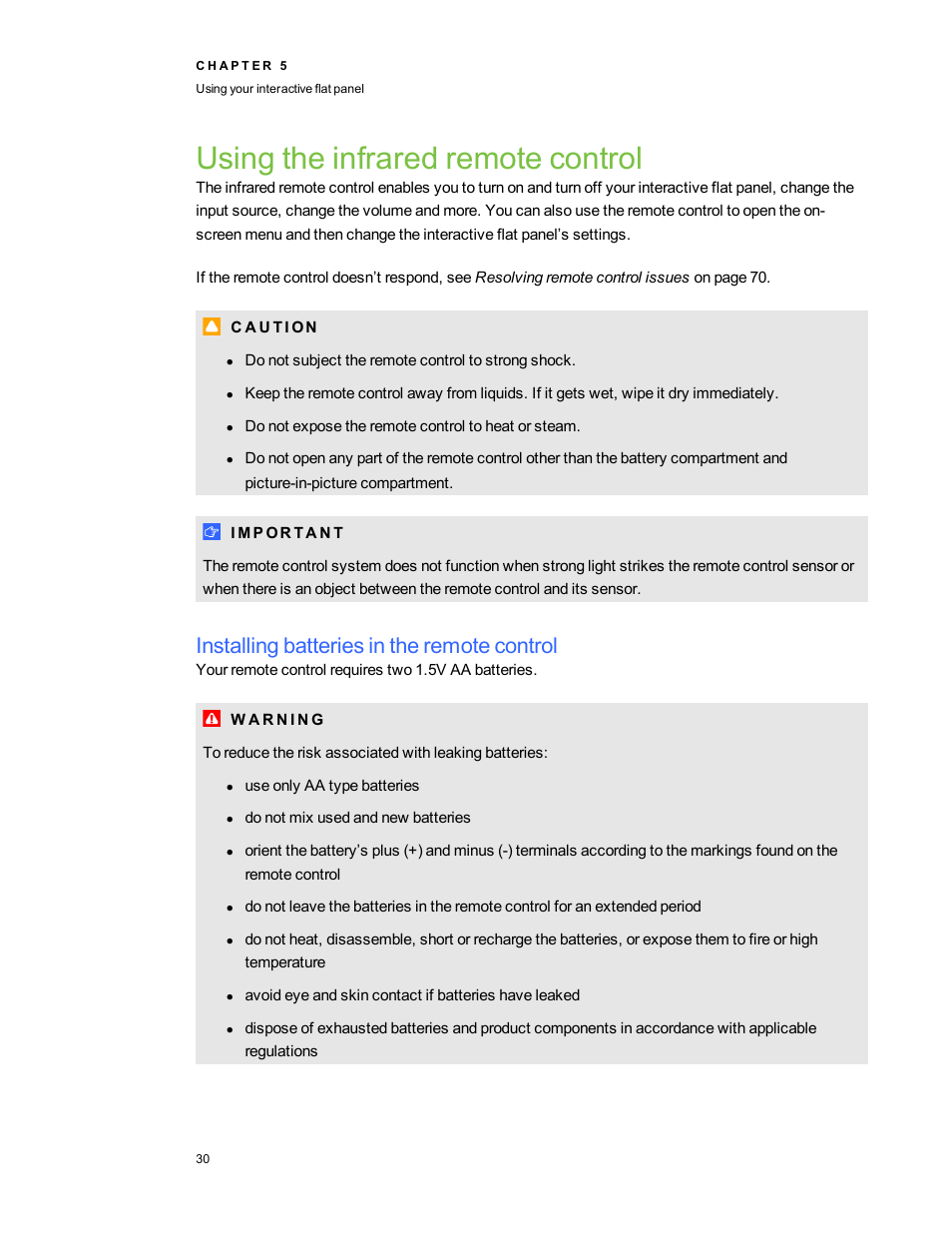 Using the infrared remote control, Installing batteries in the remote control | Smart Technologies Smart Board 6055i/8055i SMP/8055ie-SMP User Manual | Page 38 / 96