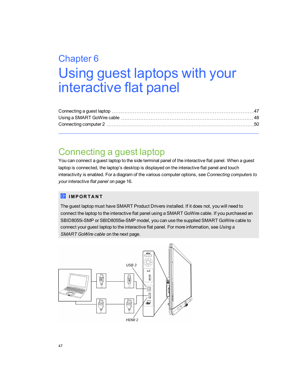 Connecting a guest laptop, Chapter 6 | Smart Technologies Smart Board 6055i/8055i SMP/8055ie-SMP User Manual | Page 55 / 96