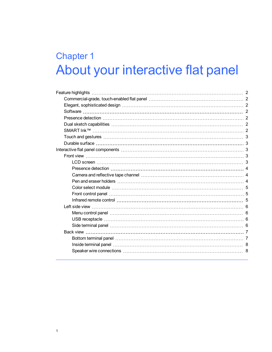 Chapter 1: about your interactive flat panel, Chapter 1 | Smart Technologies Smart Board 6055i/8055i SMP/8055ie-SMP User Manual | Page 9 / 96