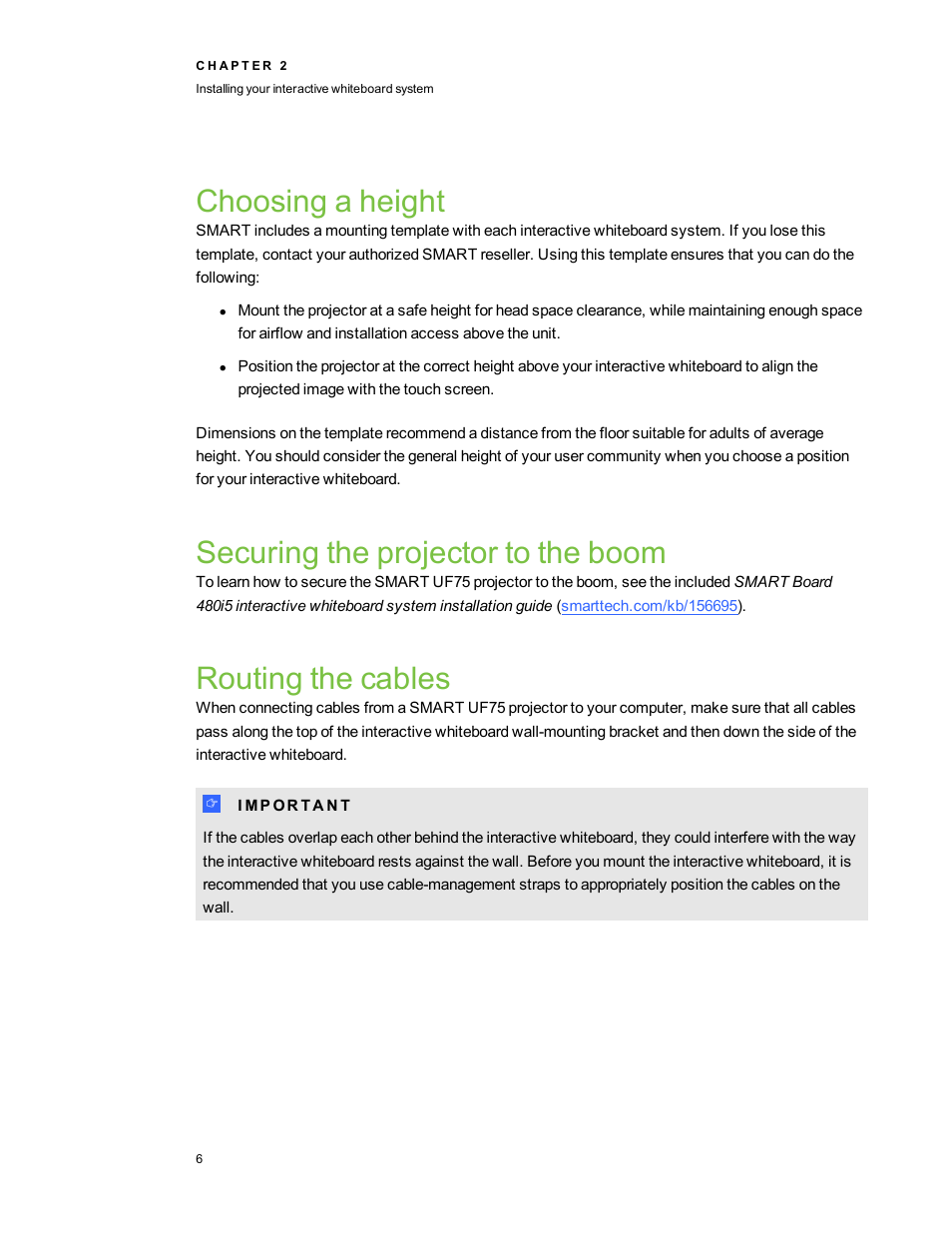 Choosing a height, Securing the projector to the boom, Routing the cables | Smart Technologies 480i5 User Manual | Page 16 / 90